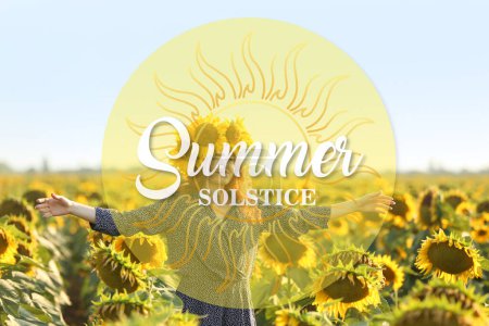 Woman in sunflower field on sunny day. Summer solstice