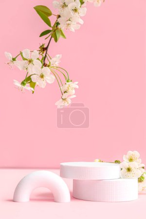 Photo for Decorative podiums and blooming branches on pink background - Royalty Free Image