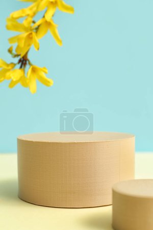 Photo for Decorative podiums and beautiful flowers on blue background - Royalty Free Image