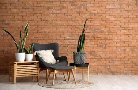 Foto de Acogedor sillón con taburete, plantas de interior y cactus grande cerca de la pared de ladrillo marrón - Imagen libre de derechos