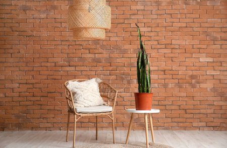 Foto de Acogedor sillón y gran cactus en maceta cerca de la pared de ladrillo marrón - Imagen libre de derechos