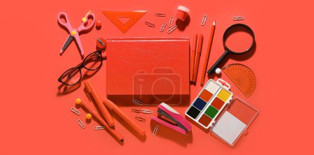 Photo for Set of school stationery on red background - Royalty Free Image