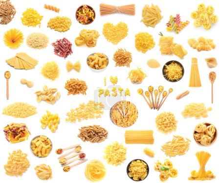 Collection of dry Italian pasta on white background