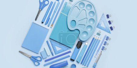 Photo for Set of school supplies on light blue background - Royalty Free Image