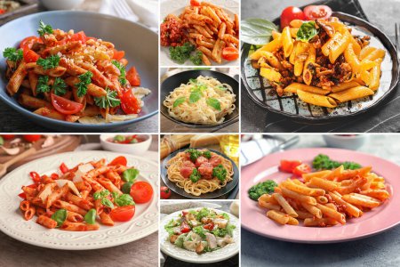 Set of tasty pasta dishes on plates