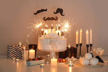 Photo for Birthday cake with different sweets on table - Royalty Free Image