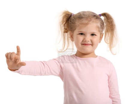 Photo for Funny little girl showing loser gesture on white background - Royalty Free Image