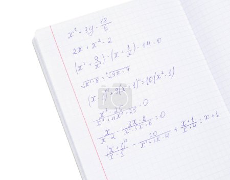 Foto de Copybook con fórmulas matemáticas aisladas sobre fondo blanco - Imagen libre de derechos