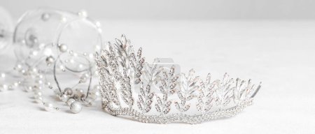 Photo for Beautiful crown and necklace on light background. Prom concept - Royalty Free Image