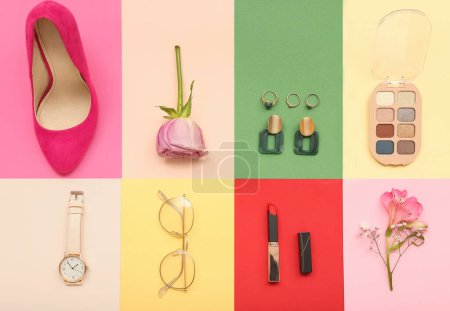 Photo for Composition with stylish female accessories, cosmetics and flowers on color background - Royalty Free Image
