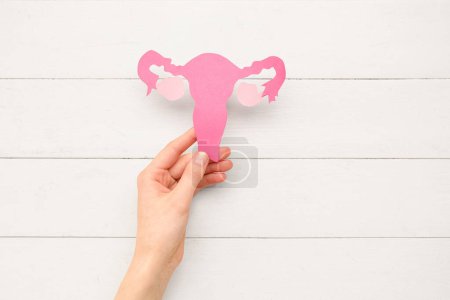 Photo for Woman with paper uterus on white wooden background. Hormones concept - Royalty Free Image