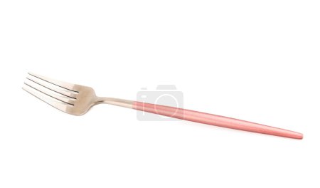 Photo for Silver fork with pink handle on white background - Royalty Free Image