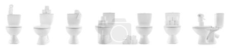 Photo for Set of toilet bowls and rolls of paper on white background - Royalty Free Image