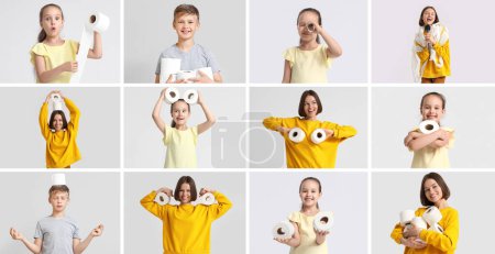 Photo for Set of people with toilet paper on light background - Royalty Free Image