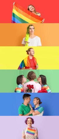 Conjunto de personas con banderas LGBT sobre fondo de arco iris