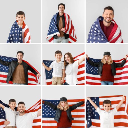 Collage de personas con banderas de EE.UU. sobre fondo claro. Celebración del Día de Memorial