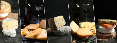 Collage of delicious cheese on dark background