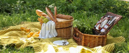 Wicker baskets with tasty food and drink for romantic picnic in park