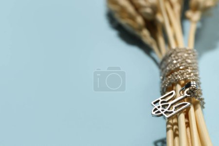 Chain with Ukrainian coat of arms and spikelets on blue background, closeup