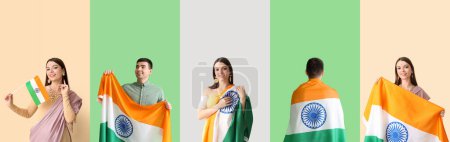 Téléchargez les photos : Ensemble de personnes avec des drapeaux de l'Inde sur fond de couleur - en image libre de droit