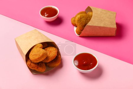 Téléchargez les photos : Boîtes en papier avec de savoureuses pépites et ketchup sur fond rose - en image libre de droit