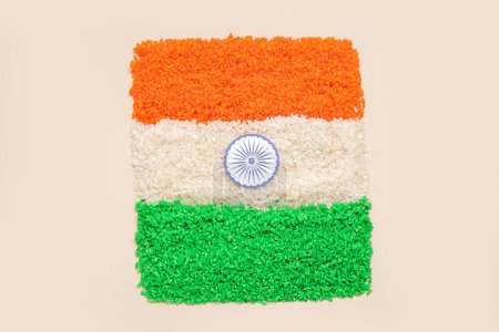 Photo for Indian flag made of rice on beige background - Royalty Free Image