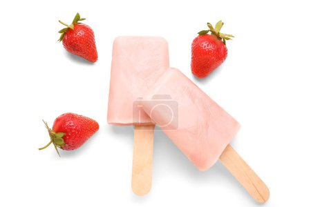 Photo for Sweet strawberry ice-cream popsicles on white background - Royalty Free Image
