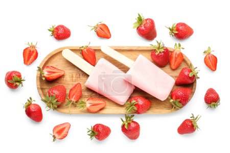 Photo for Wooden board with sweet strawberry ice-cream popsicles on white background - Royalty Free Image