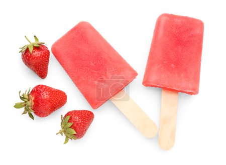 Photo for Sweet strawberry ice-cream popsicles on white background - Royalty Free Image