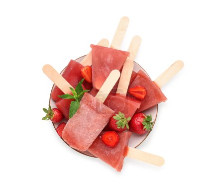 Photo for Plate with sweet strawberry ice-cream popsicles on white background - Royalty Free Image