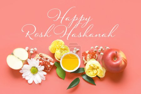 Foto de Tarjeta de felicitación para Rosh Hasahanh (Año Nuevo Judío) con manzanas, granadas, miel y flores - Imagen libre de derechos