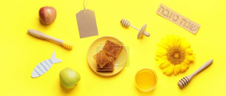 Photo for Composition for Rosh Hashanah (Jewish New Year) celebration on yellow background - Royalty Free Image