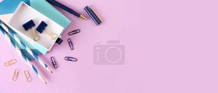 Photo for Set of office stationery on lilac background with space for text - Royalty Free Image