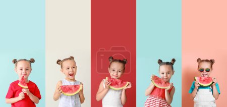 Photo for Collage of cute little girl with slices of fresh watermelon on color background - Royalty Free Image