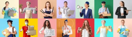 Photo for Set of people of different professions on color background - Royalty Free Image