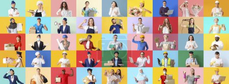 Photo for Group of people of different professions on color background - Royalty Free Image