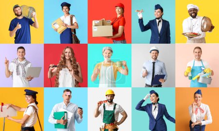 Collage von Menschen unterschiedlicher Berufe auf farbigem Hintergrund