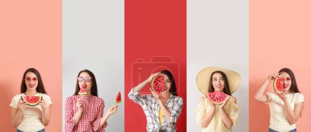 Photo for Set of beautiful young woman with slices of fresh watermelon on color background - Royalty Free Image