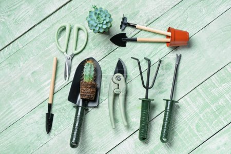 Photo for Set of gardening tools on green wooden background - Royalty Free Image
