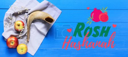 Photo for Banner for Rosh hashanah (Jewish New Year) with apples and shofar - Royalty Free Image