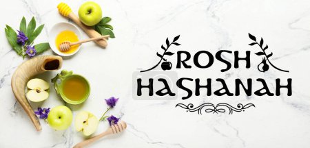 Banner para Rosh hashaná (Año Nuevo Judío) con manzanas, miel y shofar