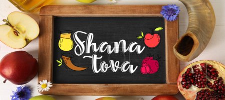 Photo for Banner for Rosh hashanah (Jewish New Year) with chalkboard and symbols - Royalty Free Image