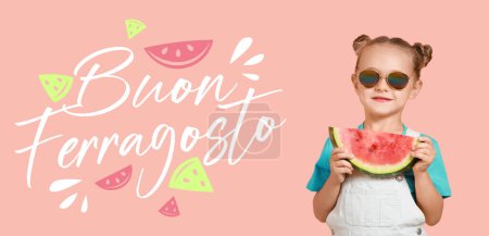 Photo for Little girl eating watermelon and text BUON FERRAGOSTO (happy mid-August) on pink background - Royalty Free Image