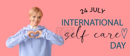Téléchargez les photos : Bannière pour la Journée internationale de l'auto-soin avec une femme heureuse faisant cœur avec ses mains - en image libre de droit