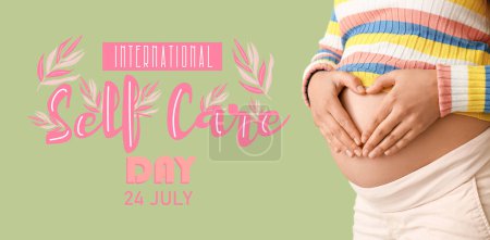 Téléchargez les photos : Bannière pour la Journée internationale de l'auto-soin avec une femme enceinte faisant cœur avec ses mains - en image libre de droit