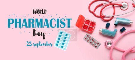 Téléchargez les photos : Bannière pour la Journée mondiale du pharmacien avec pilules, inhalateurs d'asthme et stéthoscopes - en image libre de droit