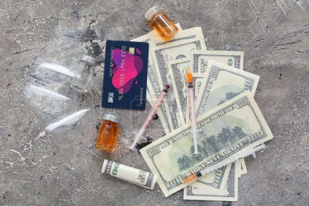 Photo for Composition with drugs, money and syringes on grunge background - Royalty Free Image