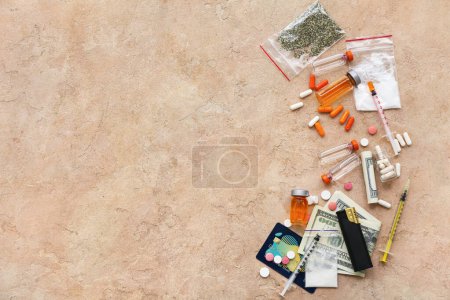 Photo for Composition with different drugs, money and syringes on color background - Royalty Free Image