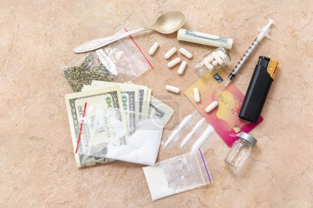 Photo for Composition with different drugs, money and lighter on color background - Royalty Free Image