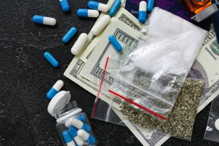 Photo for Composition with drugs and money on dark background - Royalty Free Image